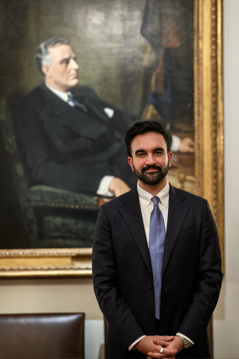 Zohran Mamdani standing in front of the portrait of Franklin D. Roosevelt on his visit to the White House, November 21, 2025. Click to enlarge.